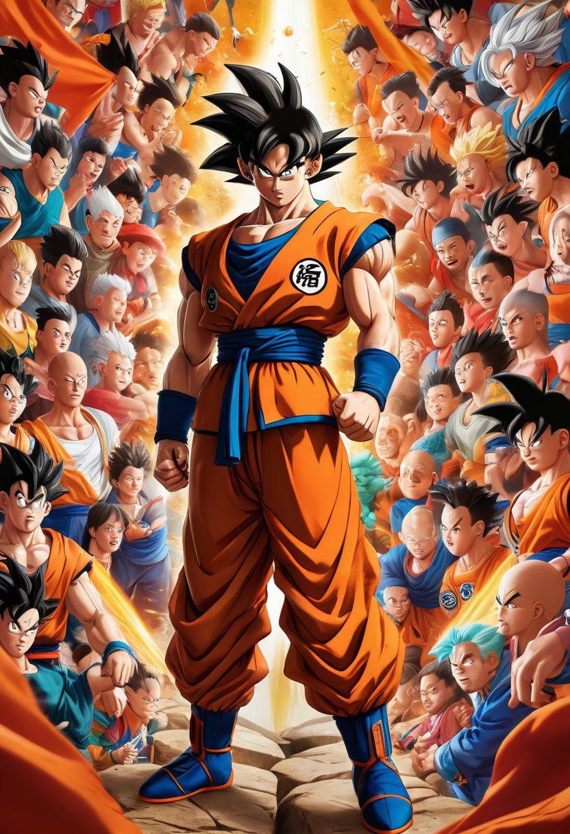 A dynamic scene featuring Goku in various art styles, showcasing iconic moments from his adventures. Surrounding him are colorful merchandise items like action figures, posters, and clothing, all highlighting his legacy. The background is filled with enthusiastic fans in a vibrant celebration, holding banners and cheering. Bright, bold colors evoke excitement and nostalgia, capturing the essence of the Dragon Ball community. super-realistic. vibrant colors. 3D.