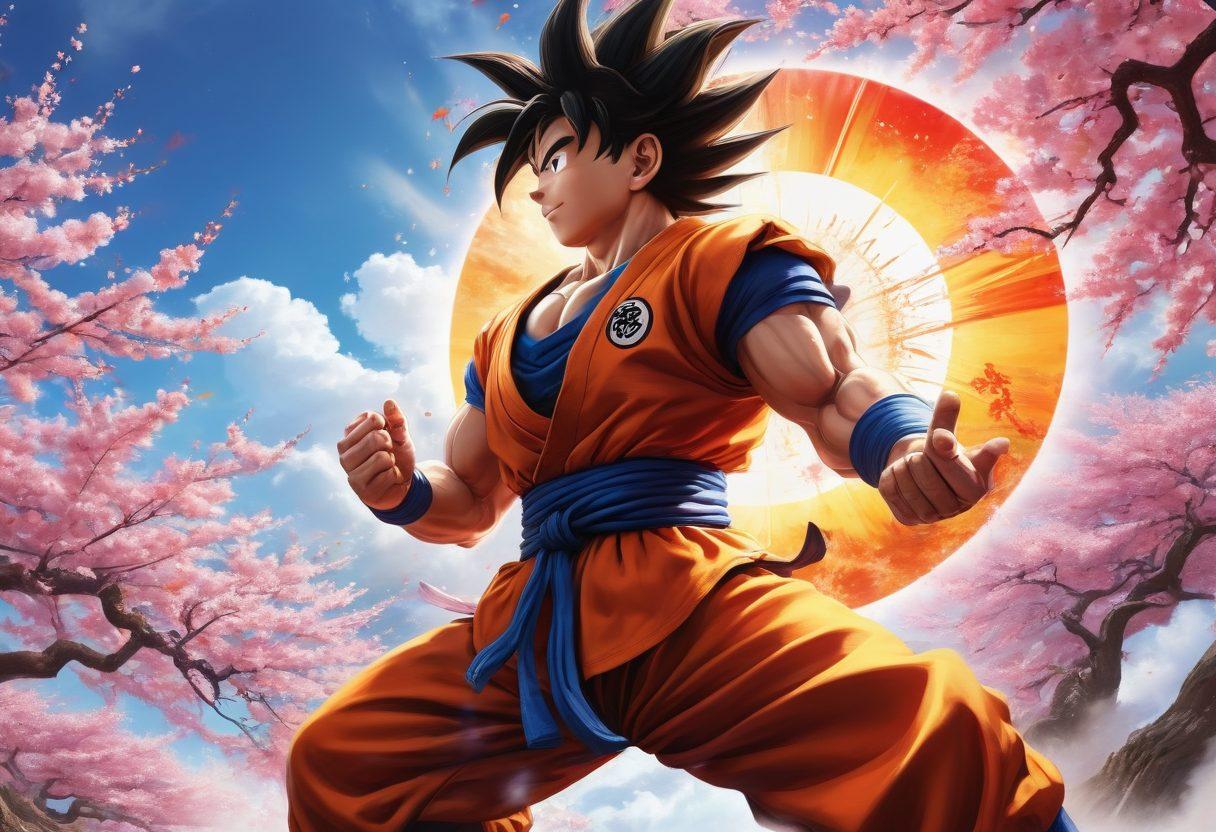 A dynamic scene featuring Goku in a powerful pose surrounded by vibrant, swirling colors that represent energy and devotion. Include elements of romantic symbolism, such as heart-shaped ki blasts and cherry blossoms in the background, to emphasize the love for art and the otaku spirit. Capture the essence of celebration with stylized, animated clouds and a radiant sun, reflecting optimism and passion. integrated Japanese motifs subtly blended in the background, giving a nod to anime culture. vibrant colors. super-realistic.