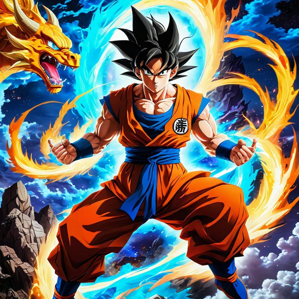 A dynamic illustration of Goku striking a powerful pose, surrounded by swirling mythical elements such as dragons and energy blasts, symbolizing devotion and strength. Fans of all ages are seen creating art and cosplaying around him, showcasing the cultural impact of anime. The background features vibrant landscapes from both manga and fantasy realms. anime-inspired art. vivid colors. epic composition.